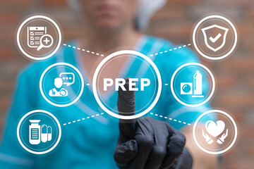 Doctor using virtual touchscreen presses abbreviation: PREP. Concept of PREP Pre-Exposure Prophylaxis. Modern healthcare and science technology. - obrazy, fototapety, plakaty