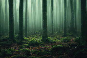 Fototapeta na wymiar foggy and misty forest landscape