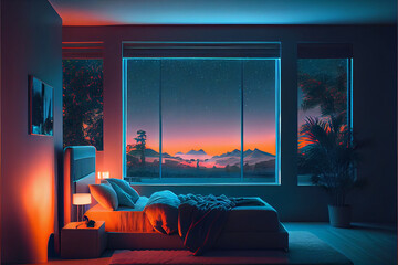 Modern bedroom interior with neon lights ambient in the evening. Smart home concept with neon light colours.