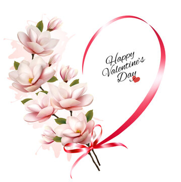 Happy Valentine's Day beautiful background with beautiful magnolia and pink ribbon. Vector.