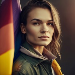 Young beautiful charming girl with a rainbow flag LGBT. Generative AI