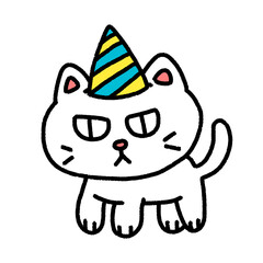 white cat with party hat, character design, cute cartoon isolated , graphic design for presentation, marketing, art, illustration, t-shirt design, cartoon, comic, advertising, online media