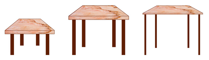 Set of wooden furniture with marble top isolated on a transparent background, png; brown and pink coffee table, dining table and console table; illustration, clipart, cartoon