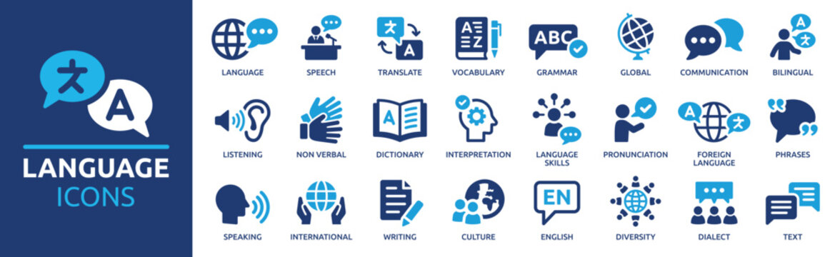 Language icon set. Containing communication, translate, speech, non-verbal, writing, speaking, dictionary, text, language skills and vocabulary icons. Solid icon collection.