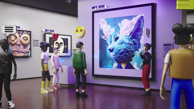 3D avatars with emotions icons walk in futuristic immersive virtual museum. Exhibition of NFT pictures in meta universe. Technologies of future. Concept of metav erse, cyberspace and digital world.