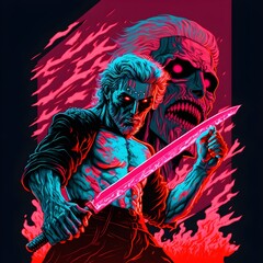 Zombie Warrior Staring with Glowing Red Eyes holding Red Glowing Neon Sword