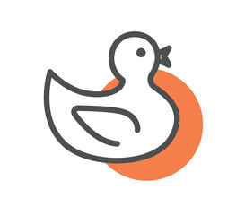 Child duck icon. Rubber bath toy. Comfort and coziness in apartment. Logotype for companies and organizations, branding. Poster or banner. Cartoon flat vector illustration