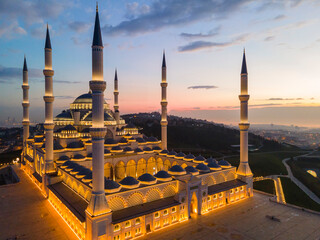 Camlica Mosque in the Sunset Time Drone Photo, Camlica Hill Uskudar, Istanbul Turkey