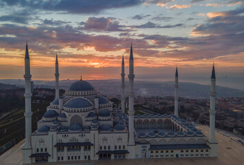 Fototapeta na wymiar Camlica Mosque in the Sunset Time Drone Photo, Camlica Hill Uskudar, Istanbul Turkey