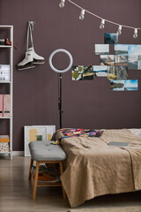 Teenagers room interior with comfy bed hobbie items