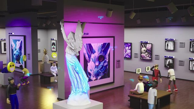 3D avatars with emotions icons talk, walk on futuristic immersive virtual exhibition. NFT pictures in meta universe. Technologies and innovations. Concept of metaverse, cyberspace and digital world.