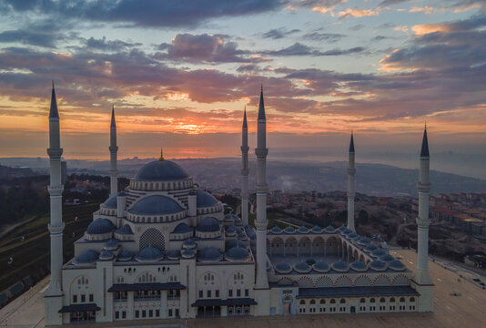 Camlica Mosque in the Sunset Time Drone Photo, Camlica Hill Uskudar, Istanbul Turkey
