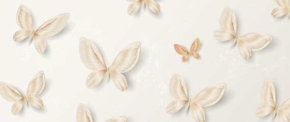 Luxury beige art background with butterflies hand drawn in gold art line style. Animalistic vector banner for decoration, wallpaper, print, textile, interior design.