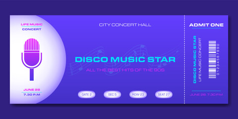 Concert ticket template in modern style. For concerts, parties, discos and other events. Vector, printable. Just add your text.