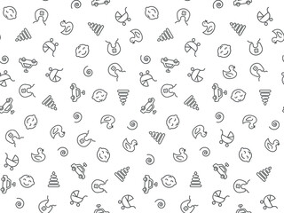 Child line seamless pattern. Repeating element for printing on fabric. Minimalistic creativity and art. Rubber duck, toy and clothes. Rompers, diapers and bib. Cartoon flat vector illustration