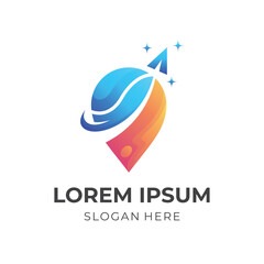 pin plane logo design, pin and paper plane combination logo with 3d blue and orange color style