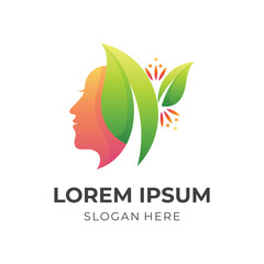 flower spa logo design, woman face, flower and leaf combination logo with 3d green and orange color style