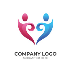 couple love logo concept, people and love combination logo with 3d blue and red color style