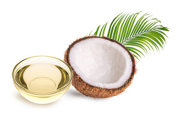 Glass bowl of coconut oil with half coconut and leaves on white background.