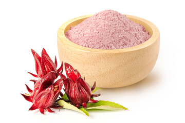 Roselle powder in wooden bowl with hibiscus flower and leaves on white background.