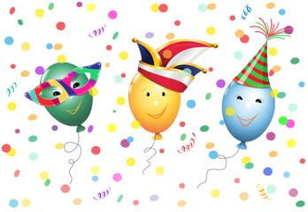 Luftballons mit fröhliche Gesichter, mit Masken Brille und Hut,
Karte Vorlage für Fasching und andere Partys und Feste,
Vektor Illustration isoliert auf weißem Hintergrund
