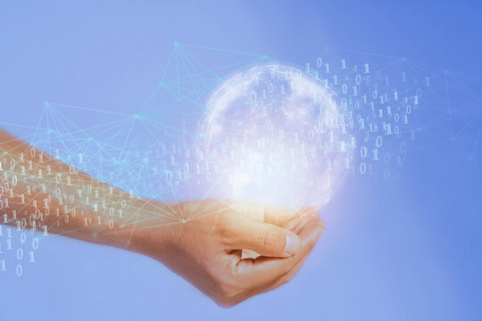 Blockchain technology and blockchain network business banner ideas Global cryptocurrency blockchain title. Blockchain title side view with 0's and 1's flying on top. image of investors