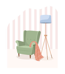Green vintage empty fabric armchair with woolen red plaid thrown over arm. Modern wooden floor lamp against background of striped wallpaper. Side view. Vector illustration in cartoon style.