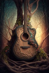 Acoustic guitar grown into enchanted forest, roots and branches. AI generative art, illustration generated by AI - obrazy, fototapety, plakaty