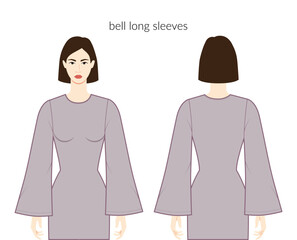 Bell sleeves cornet long length clothes lady in dresses, tops, shirts technical fashion illustration with fitted body. Flat apparel template front, back sides. Women, men unisex CAD mockup