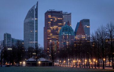 Fototapeta na wymiar The Hague, Netherlands. The skyline of the city at sunrise on a winter day
