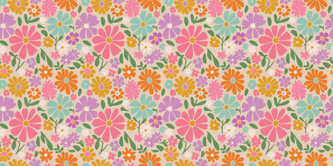 Retro Floral Groovy Colorful 70s Seamless Pattern Vector Illustration Textile Flowers Orange Pink - 564083592