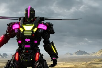 3D Rendered Futuristic Cyberpunk Robot Samurai
