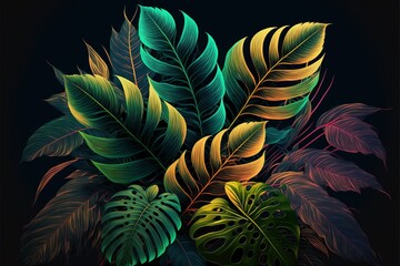 illustration of abstract background of tropical leaves. ai generative.