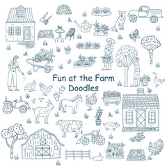 Fun at the farm doodle set collection, outline cartoon vector illustrations