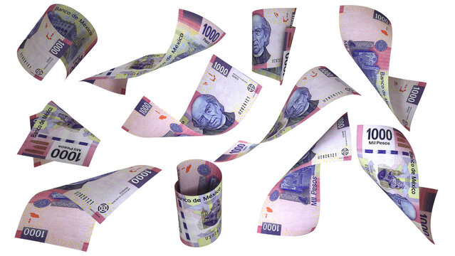 Set of 1000 Mexican peso notes flying in different angles and orientations