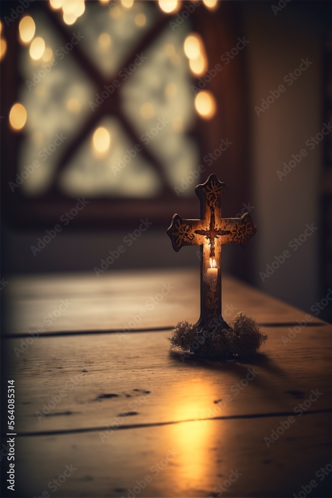 Wall mural illustration of a church interior with bokeh ceremony lighting and a wooden crucifix on a wooden tab