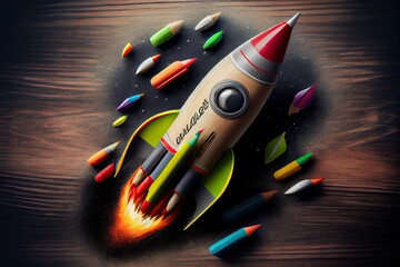 Obraz premium pencils and pens with a rocket