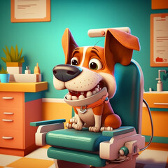 Cute, happy dog in the dentist chair. Generative AI