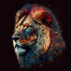 Lion painting with abstract color background. Digital Art.