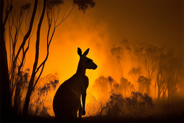 Australian bushfire with kangaroo silhouette created with generative AI - obrazy, fototapety, plakaty