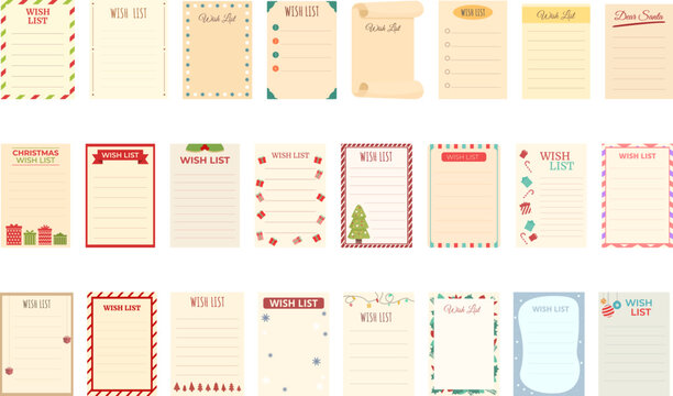Wish list icons set cartoon vector. Christmas post. Winter wishlist