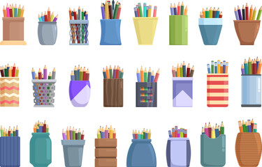 Pencil stand icons set cartoon vector. Office school. Holder art