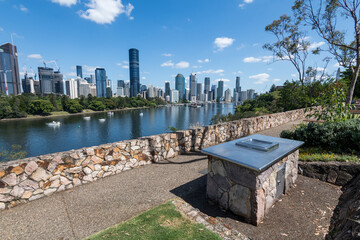 Brisbane, Australia – January 19 2023: Barbecue in Kangaroo Point Cliffs, city view in the background - obrazy, fototapety, plakaty