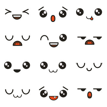 Cute doodle emoticons with facial expressions. Japanese anime style emotion faces and kawaii emoji icons vector set