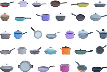 Pan icons set cartoon vector. Saucepan pot. Home cooking