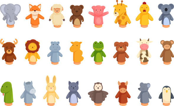 Hand puppet toys icons set cartoon vector. Animal finger. Sock child