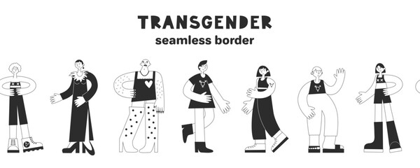 Transgender day of visibility seamless border. Set of trans mtf and ftm people with lgbt symbols in black and white. Equality, diversity, inclusion, rights concept. Vector flat illustration.
