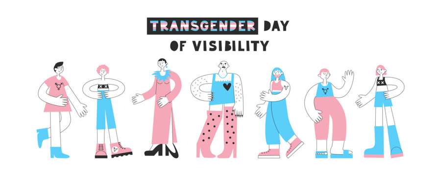 Transgender day of visibility. Set of trans mtf and ftm people with flag colors and lgbt symbols. Equality, diversity, inclusion, rights concept. Vector flat illustration.