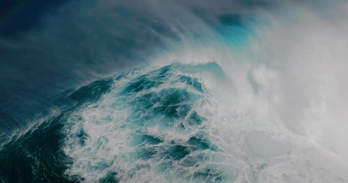 Aerial shot above giant blue ocean wave crashing 