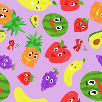 cartoon style cute many fruits character with happy expression. seamless pattern background. apple, banana, grape, strawberry, etc. flat style vector illustration.